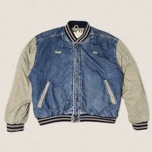 Vintage 90s Signature‎ Collection Denim Bomber Varsity Jacket Blue Tan -Size XL